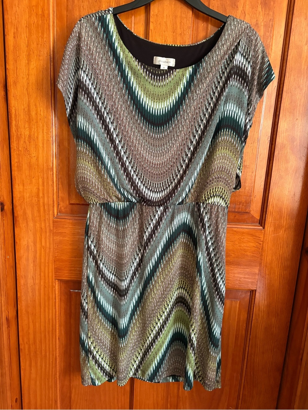 Dressbarn Wave-Print Cap Sleeve Dress in Green and Brown
